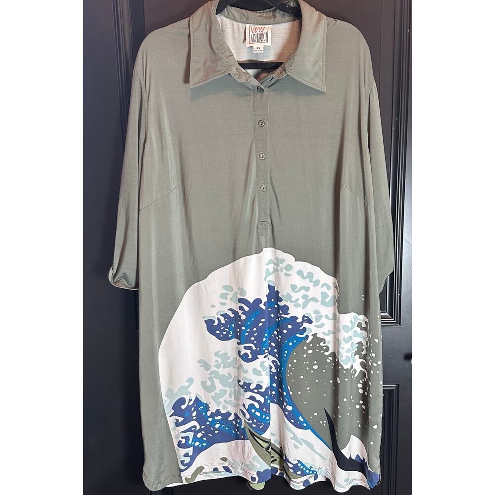🌻Very Vollbrach 3X Grey Wave Print Midi Dress Collared Stretch Boho Artsy Plus
